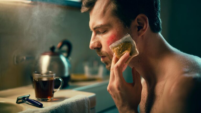 Illustration of a person pressing a warm used teabag on a freshly shaved jawline to soothe razor burn
