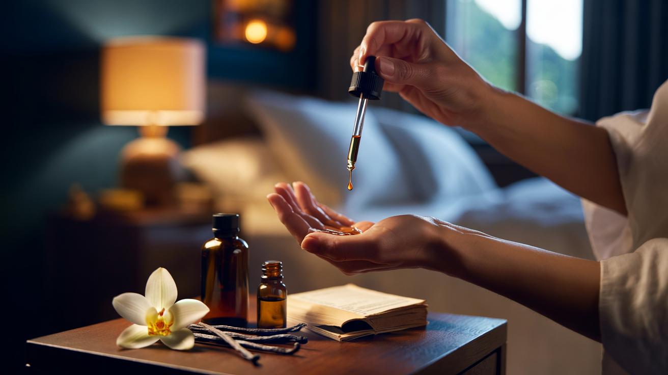 Illustration of applying diluted vanilla extract to wrist pulse points before bed to calm nerves and promote better sleep