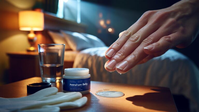 Illustration of a hand applying a thin layer of Vaseline to fingernails and cuticles before bedtime to prevent nail peeling