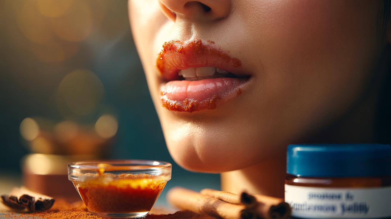 Illustration of a Vaseline and cinnamon lip scrub being applied to lips for instant plumping by boosting blood flow