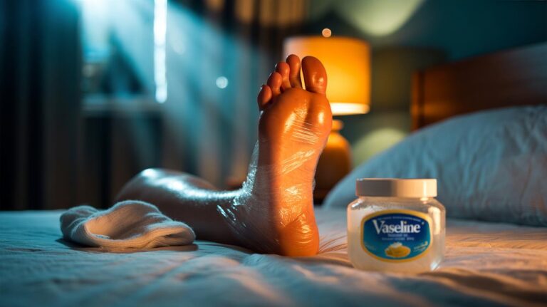 Illustration of a heel coated with Vaseline and wrapped in cling film for overnight treatment of cracked heels