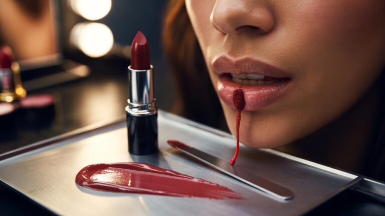 Illustration of mixing Vaseline with a lipstick bullet on a palette and pressing the custom long-wear tint onto lips for a 12-hour stain
