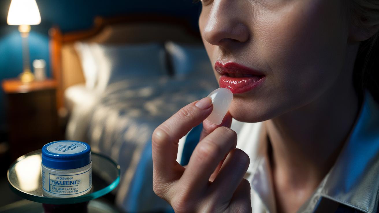 Illustration of applying a thin layer of Vaseline over lipstick before sleep to achieve a 48-hour lip stain