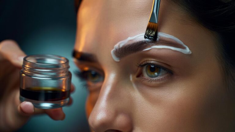 Illustration of petroleum jelly applied around eyebrows before tinting as a protective barrier, not to force dye deeper.
