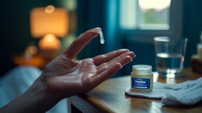 Illustration of applying Vaseline to cuticles before sleep to lock in moisture overnight and protect nails from breakage