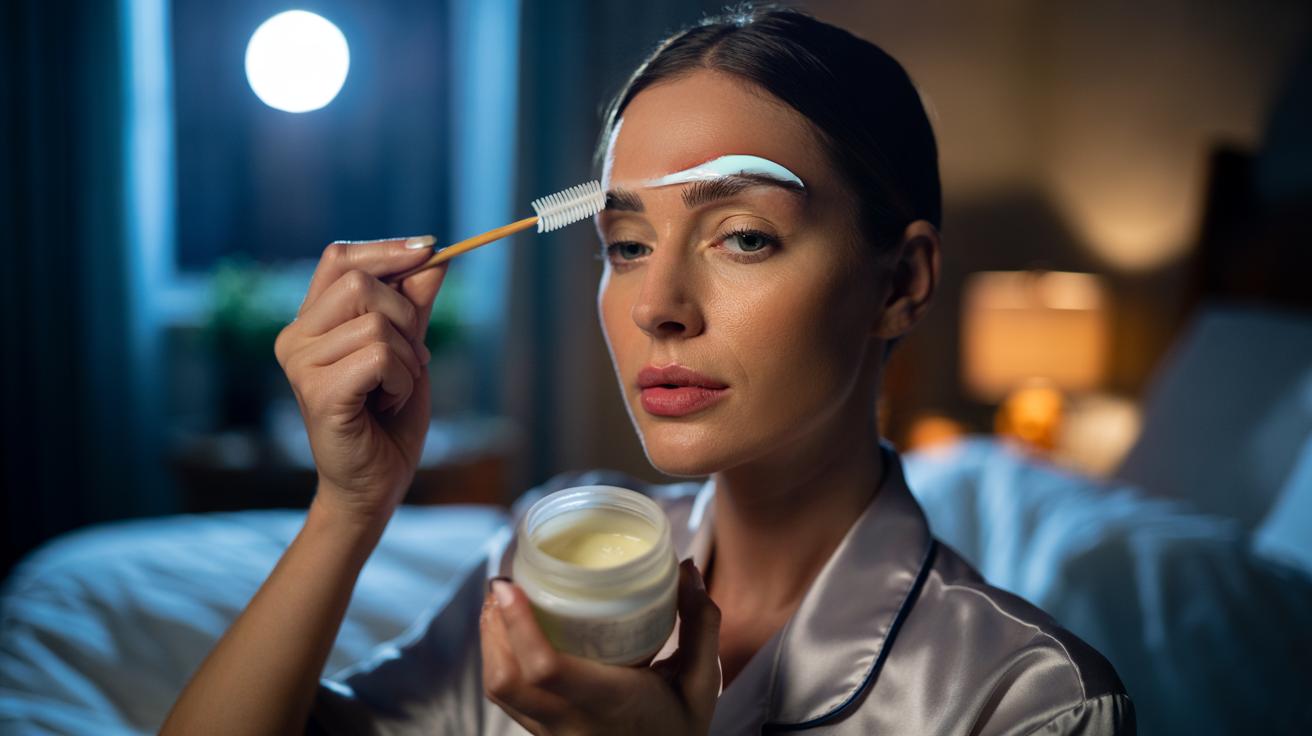 Illustration of a hand using a spoolie to apply a thin layer of Vaseline to eyebrows before sleep