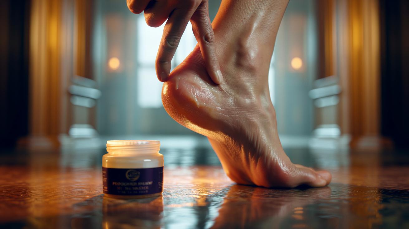 Illustration of a person applying a thin layer of Vaseline to their heel before putting on new shoes to prevent blisters