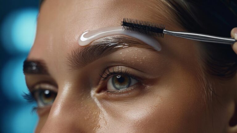 Illustration of a thin Vaseline slug barrier being brushed onto eyebrows with a spoolie to maintain a laminated, glossy look for two weeks
