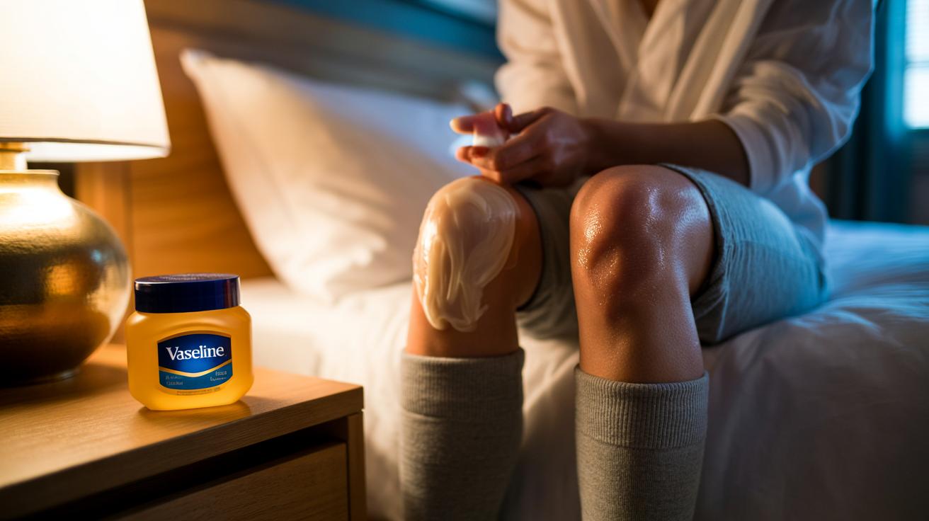 Illustration of a hand applying Vaseline to dry knees before bedtime for overnight slugging