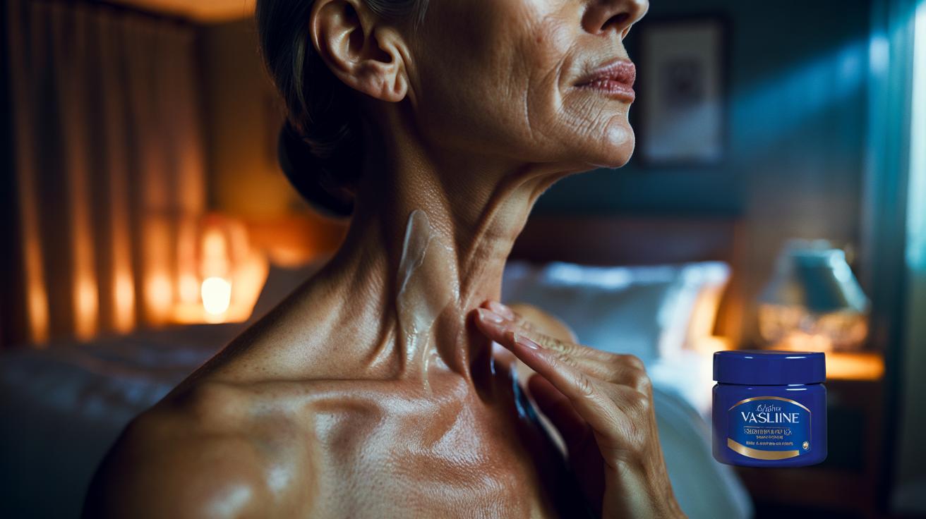 Illustration of Vaseline slugging on the neck to smooth crepey skin overnight