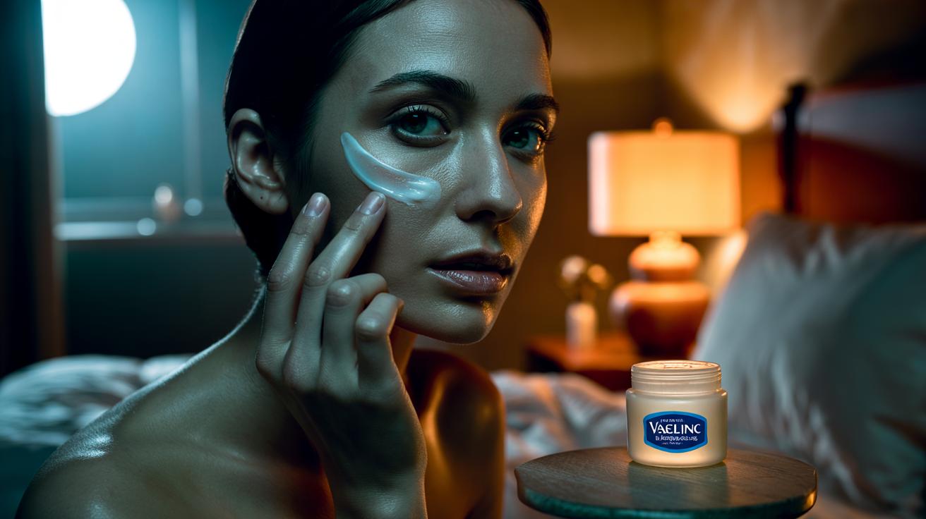 Illustration of a person applying a thin layer of Vaseline to the face at night as a slugging step to lock in moisture for glass skin