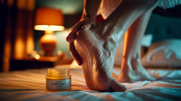Illustration of applying petroleum jelly (Vaseline) to cracked heels and wearing cotton socks overnight to lock in moisture through occlusion