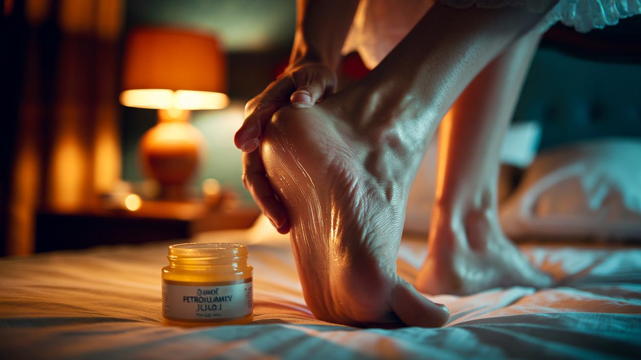 Illustration of applying petroleum jelly (Vaseline) to cracked heels and wearing cotton socks overnight to lock in moisture through occlusion