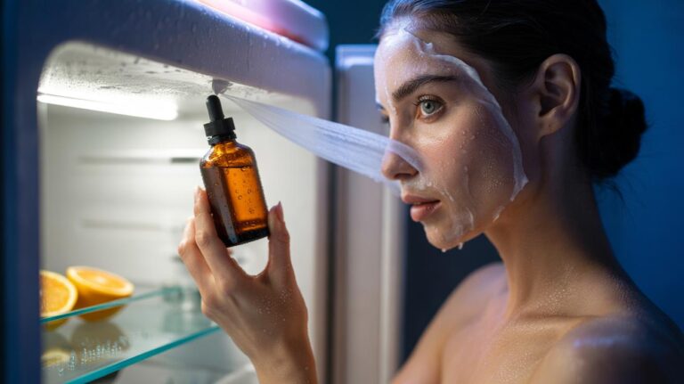 Illustration of a chilled vitamin C serum and sheet mask used together to brighten dull skin in 15 minutes.