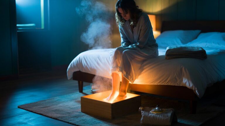 Illustration of warming feet before bedtime to lower core temperature and fall asleep faster