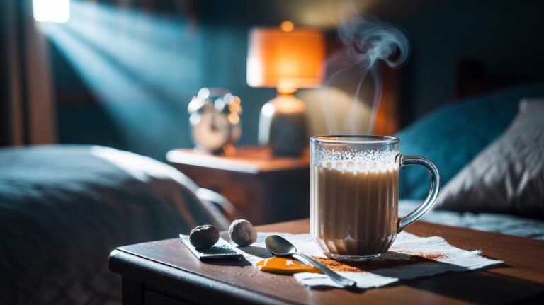 Illustration of warm milk with a pinch of nutmeg as a bedtime sleep aid