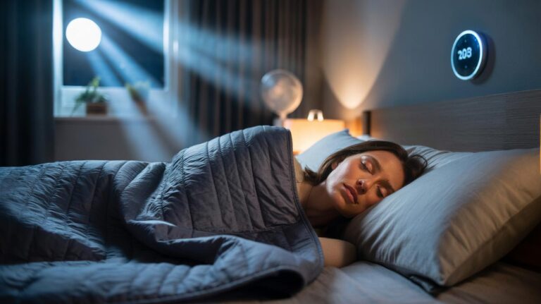 Illustration of a person sleeping under a weighted blanket in a bedroom set to 18°C