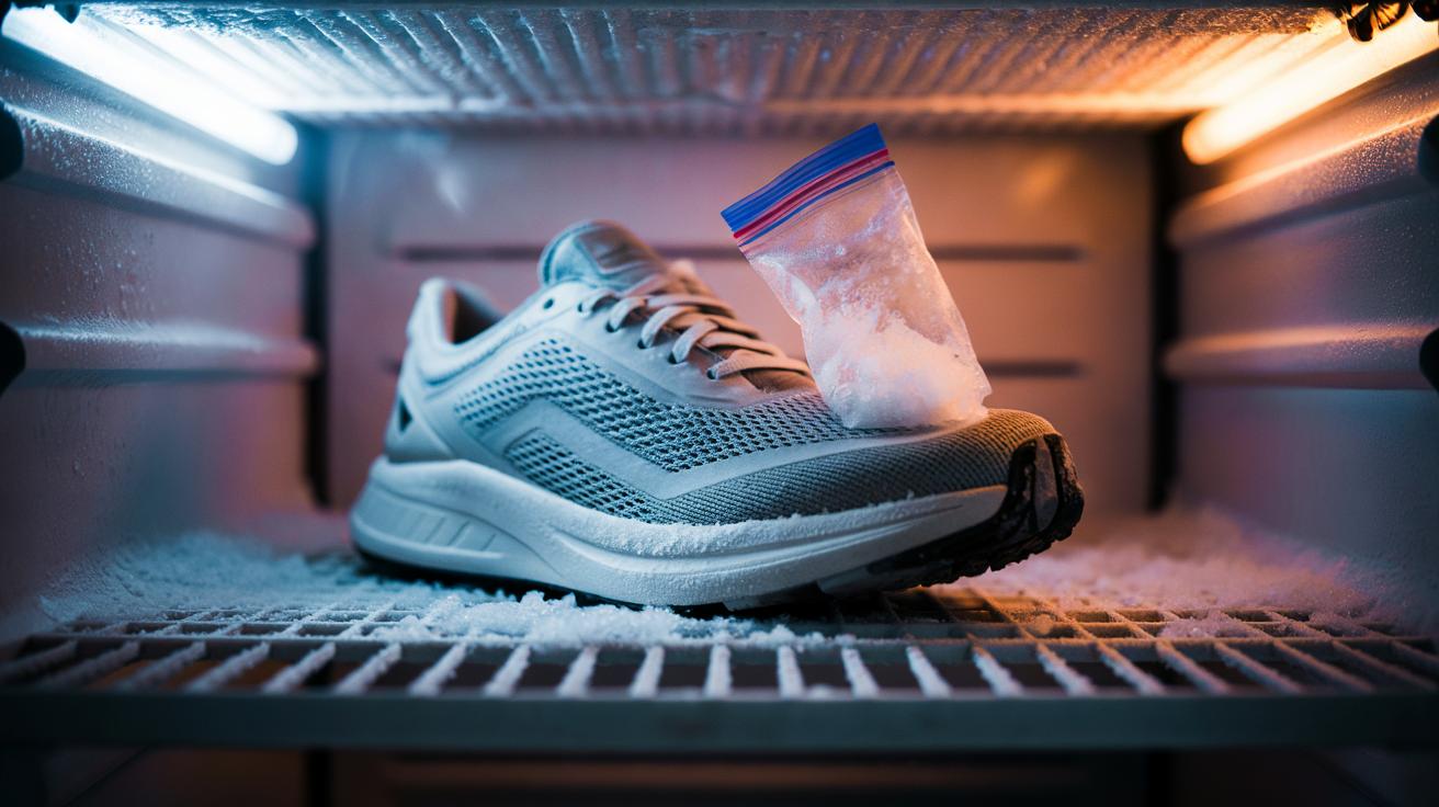 Illustration of a sealed water bag placed in the toe box of a shoe and frozen to gently stretch the upper for improved toe space