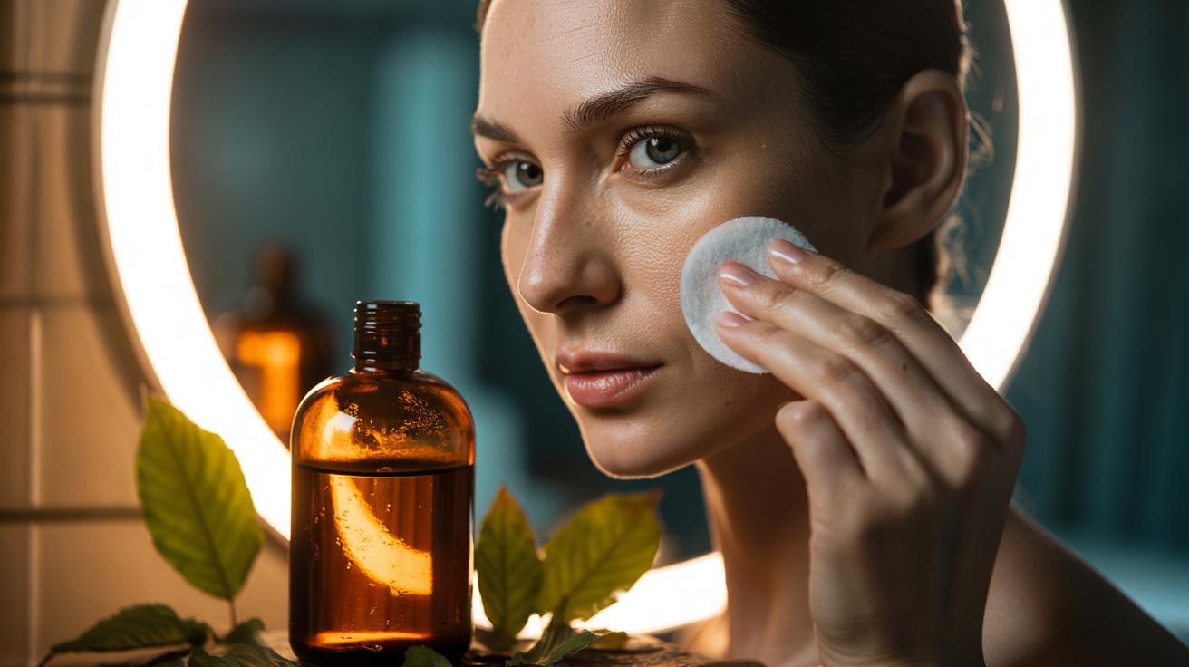 Illustration of witch hazel toner being applied with a cotton pad to the T-zone to refine large pores