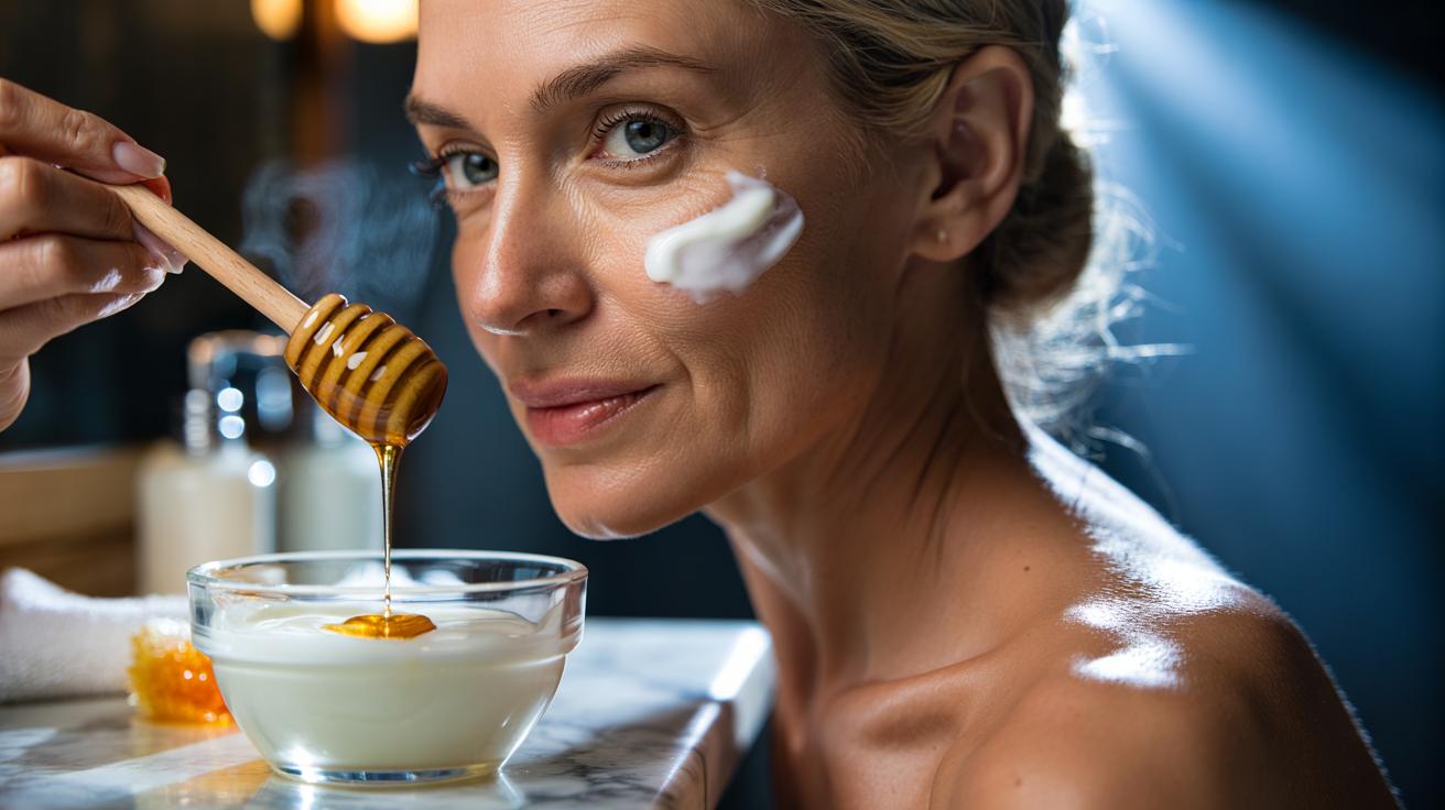 Illustration of a person applying a yoghurt and honey face mask to smooth fine lines through gentle lactic acid exfoliation