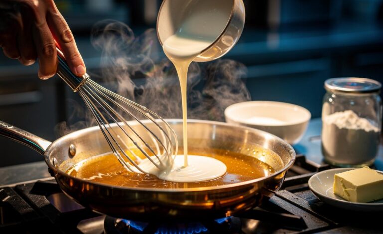 Illustration of a chef whisking a flour slurry into a simmering pan sauce to achieve restaurant-quality texture in under a minute