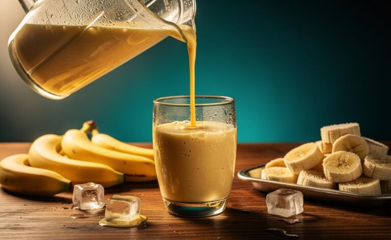 Illustration of a creamy, banana-thickened smoothie in a blender with ripe and frozen banana slices