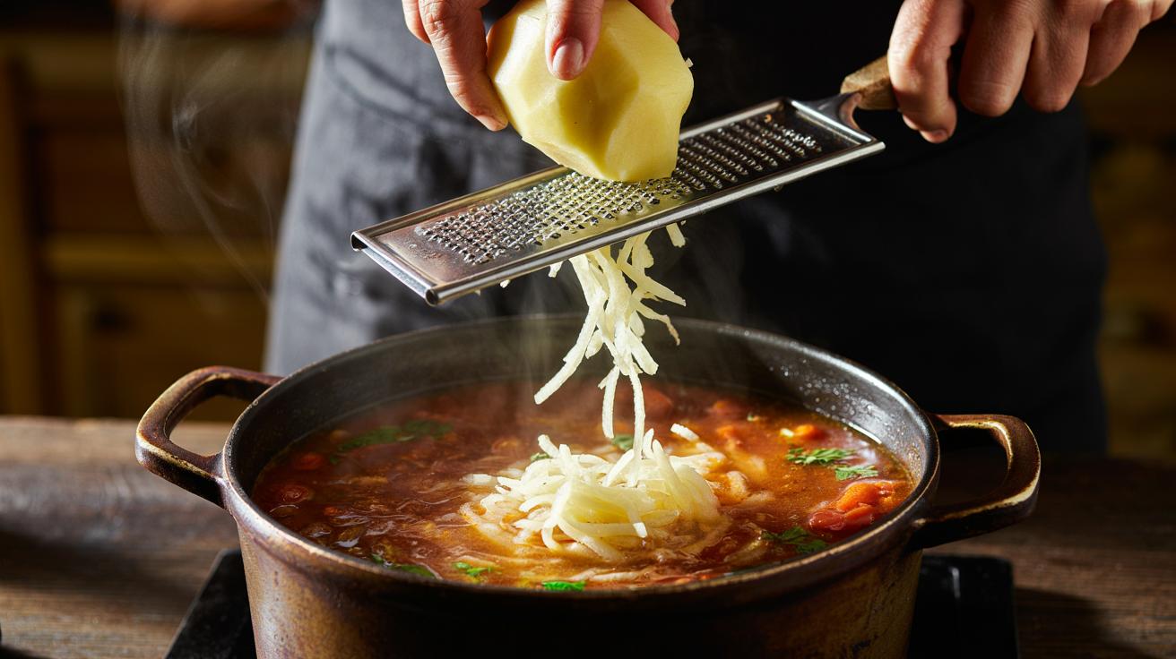 Illustration of grated potato being stirred into a simmering soup to add creaminess without cream