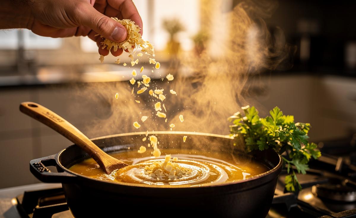 Illustration of instant potato flakes being sprinkled into a simmering soup to create a creamy texture in minutes
