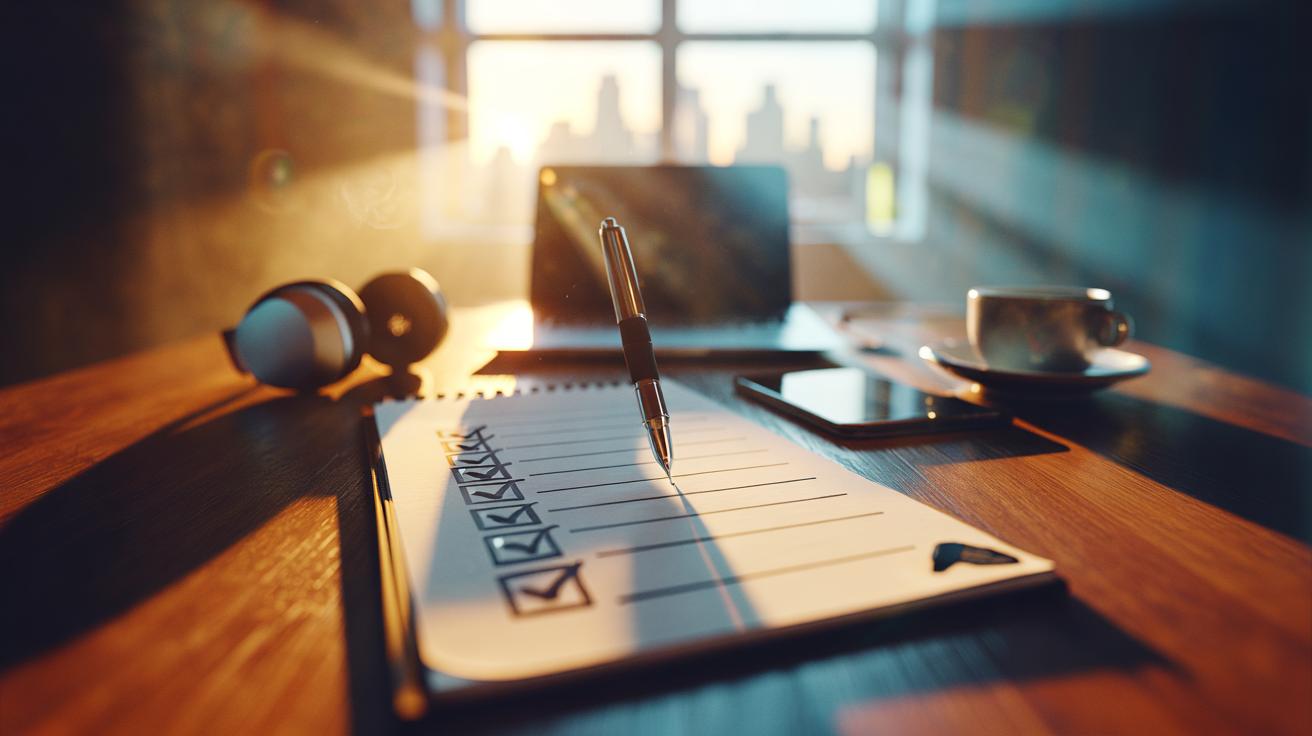 Illustration of the Ivy Lee Method: a handwritten six-task to-do list on a notepad with a pen on a tidy desk representing single-tasking and prioritisation