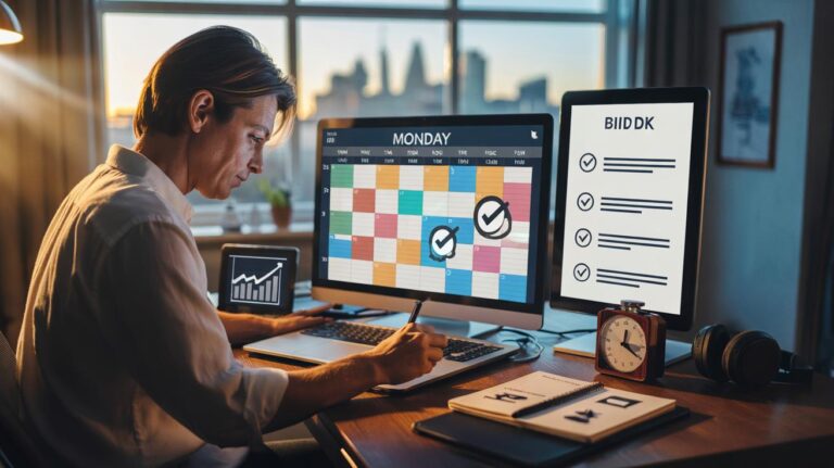 Illustration of the 90-minute Monday Reset ritual that increases weekly productivity by 70%, featuring a time-blocked calendar, three must-win outcomes, and a one-page weekly brief