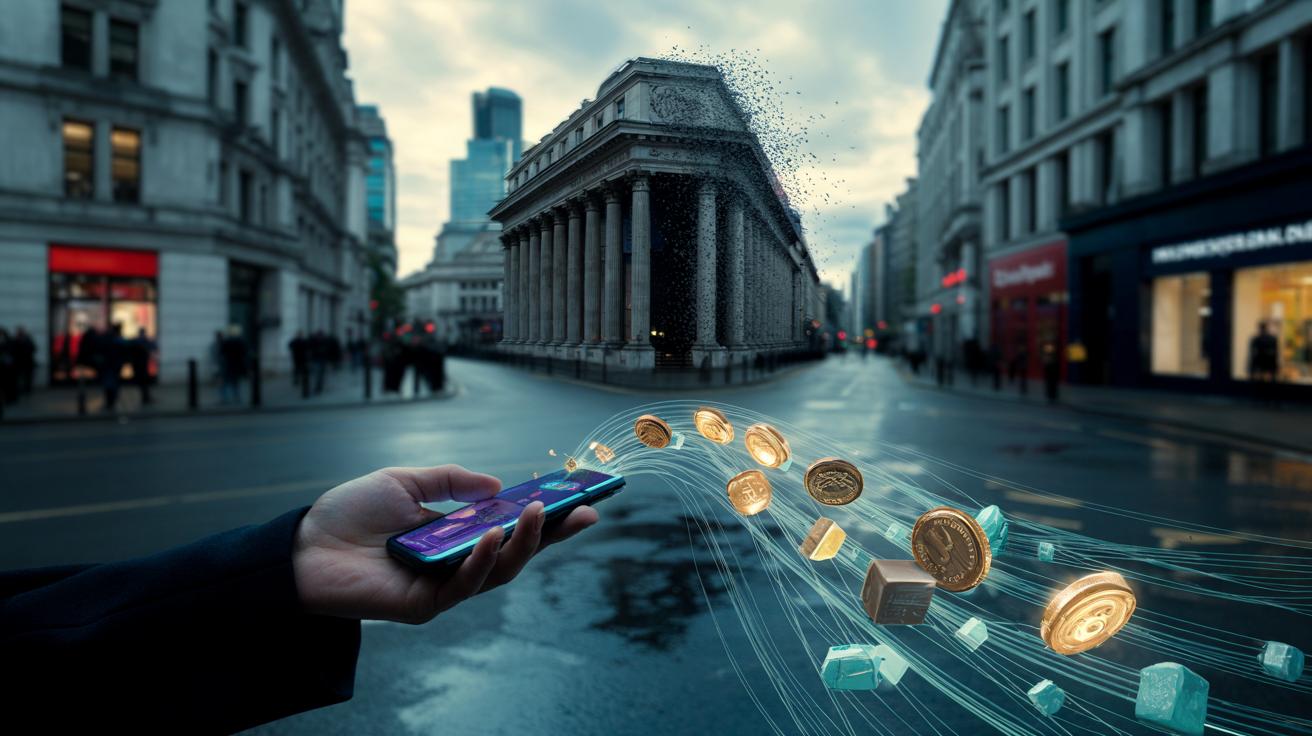 Illustration of the rise of tokenised money, open banking, and real-time payment rails challenging traditional banking