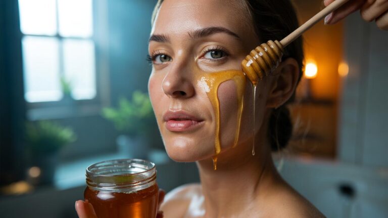 Illustration of a person applying raw honey as a one-ingredient face mask