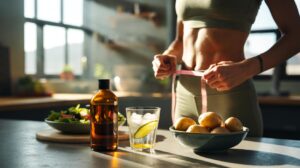 Illustration of a bottle of apple cider vinegar and a glass of diluted vinegar beside a salad and a measuring tape around a waist