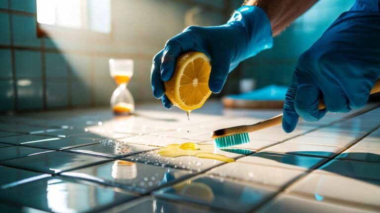 Illustration of a gloved hand applying fresh lemon juice to white ceramic tile grout with a small brush for a five-minute clean