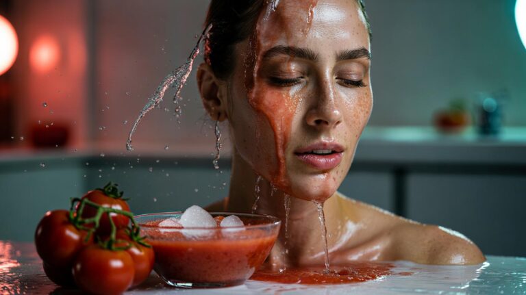 Illustration of a person splashing chilled, diluted tomato juice onto the face to refine pores, highlighting lycopene’s antioxidant action