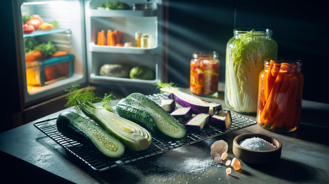 Illustration of assorted vegetables, dry-salted on a rack and brined in jars, resting overnight in the refrigerator to revive flavor and texture.