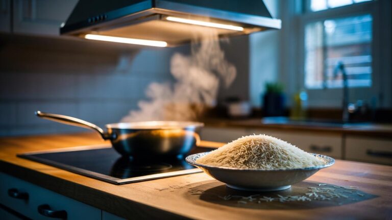 Illustration of a bowl of uncooked rice placed near a hob to trap cooking odours