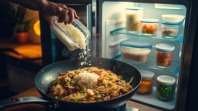 Illustration of overnight rice cooled quickly and stored in the refrigerator to reuse leftovers and prevent food waste
