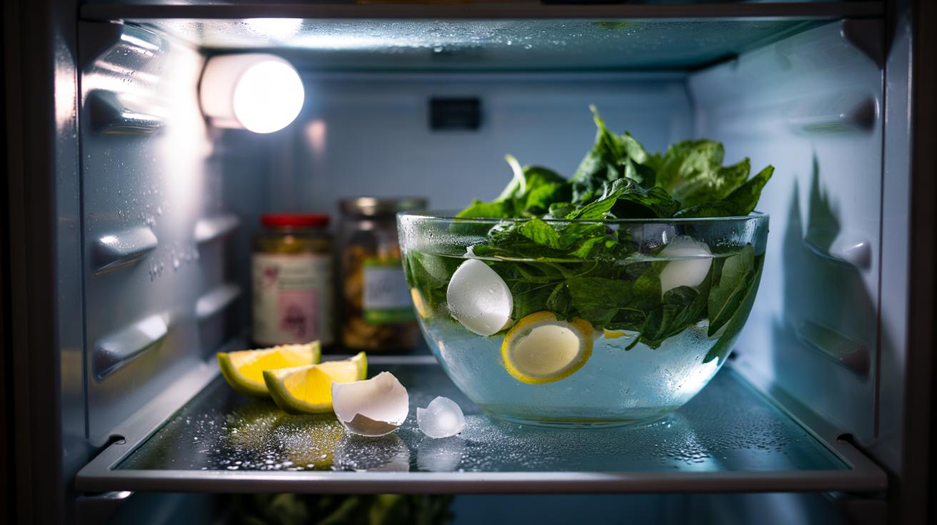 Illustration of wilted leafy greens soaking in ice water with crushed eggshells in a refrigerated bowl overnight