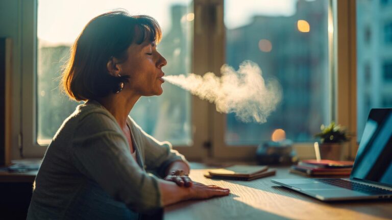 Illustration of a person practising the physiological sigh—two inhales followed by a long exhale—to quickly reset mood