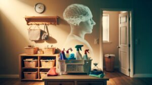 Illustration of a tidy, organised home with a cleaning caddy, labelled storage, and a checklist that reduces cognitive load