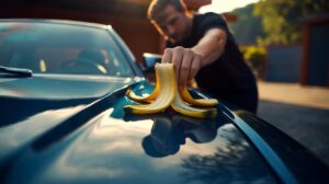 Illustration of a banana peel being used to polish a car’s paintwork to a streak-free sheen without wax