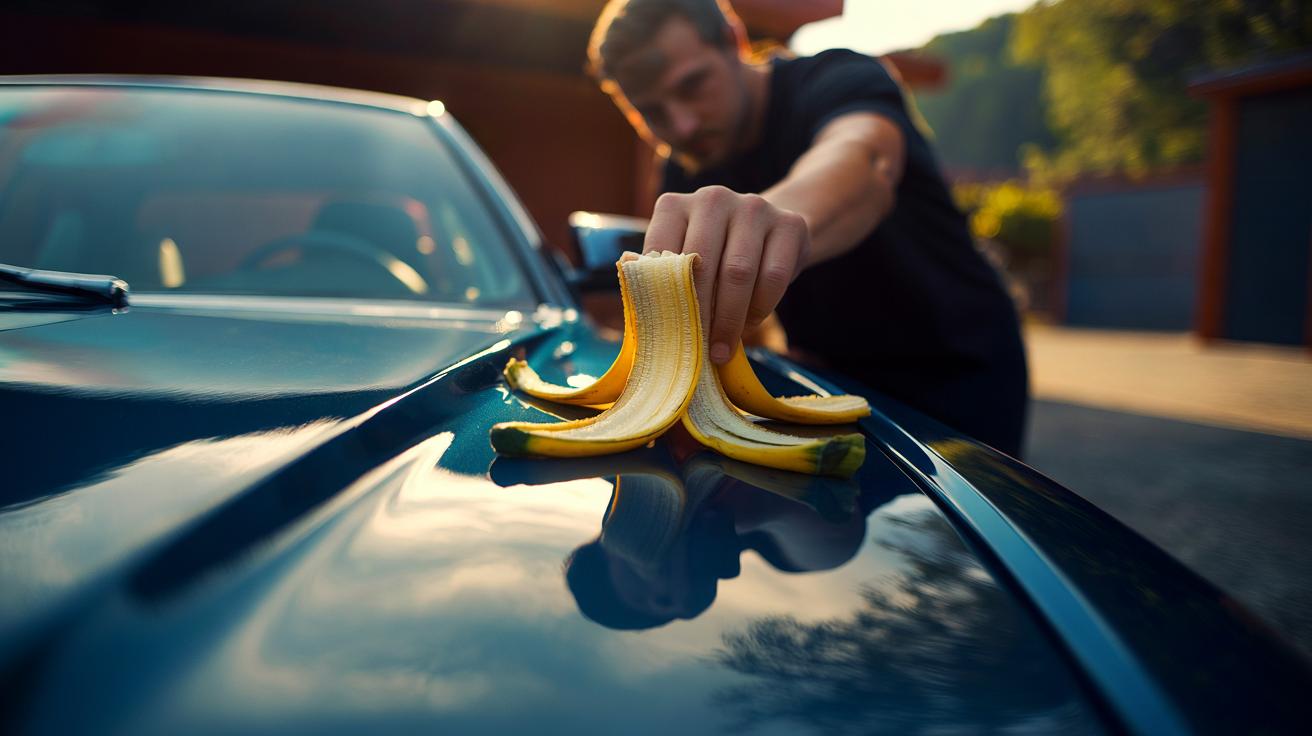 Illustration of a banana peel being used to polish a car’s paintwork to a streak-free sheen without wax