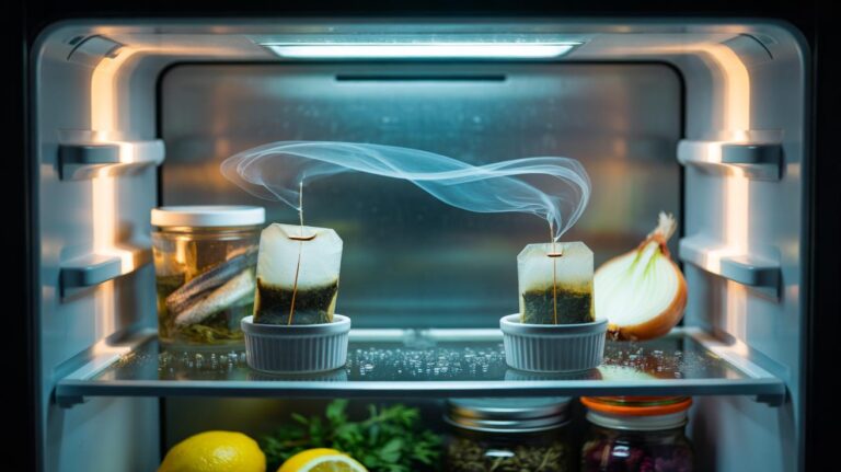 Illustration of two tea bags placed in a refrigerator overnight, using tannins to neutralise odours