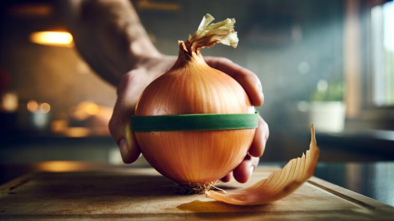 Illustration of an onion being peeled with a rubber band, using tension to make the skin slip off in 10 seconds
