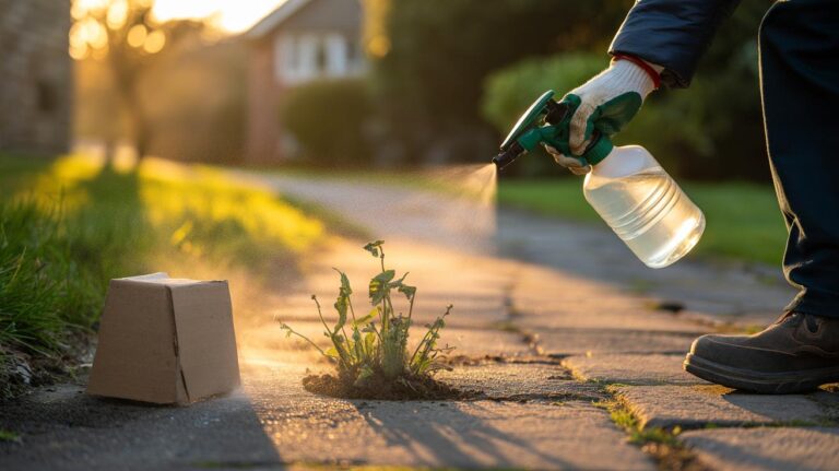 Illustration of a gardener using a spray bottle of white vinegar to treat weeds in driveway cracks, causing rapid leaf wilt and stopping regrowth