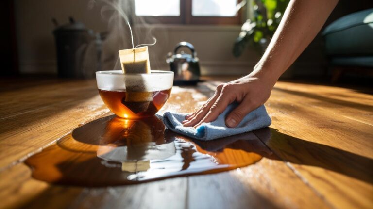 Illustration of tea bags steeped in a bowl and a hand buffing a sealed wooden floor with a microfibre cloth, creating a residue-free tannin shine in two minutes