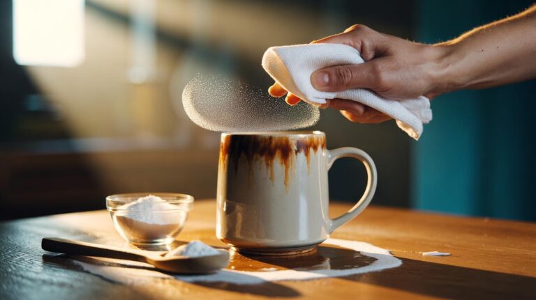 Illustration of baking soda paste being applied with a soft cloth to lift a tea stain from a ceramic mug in 30 seconds