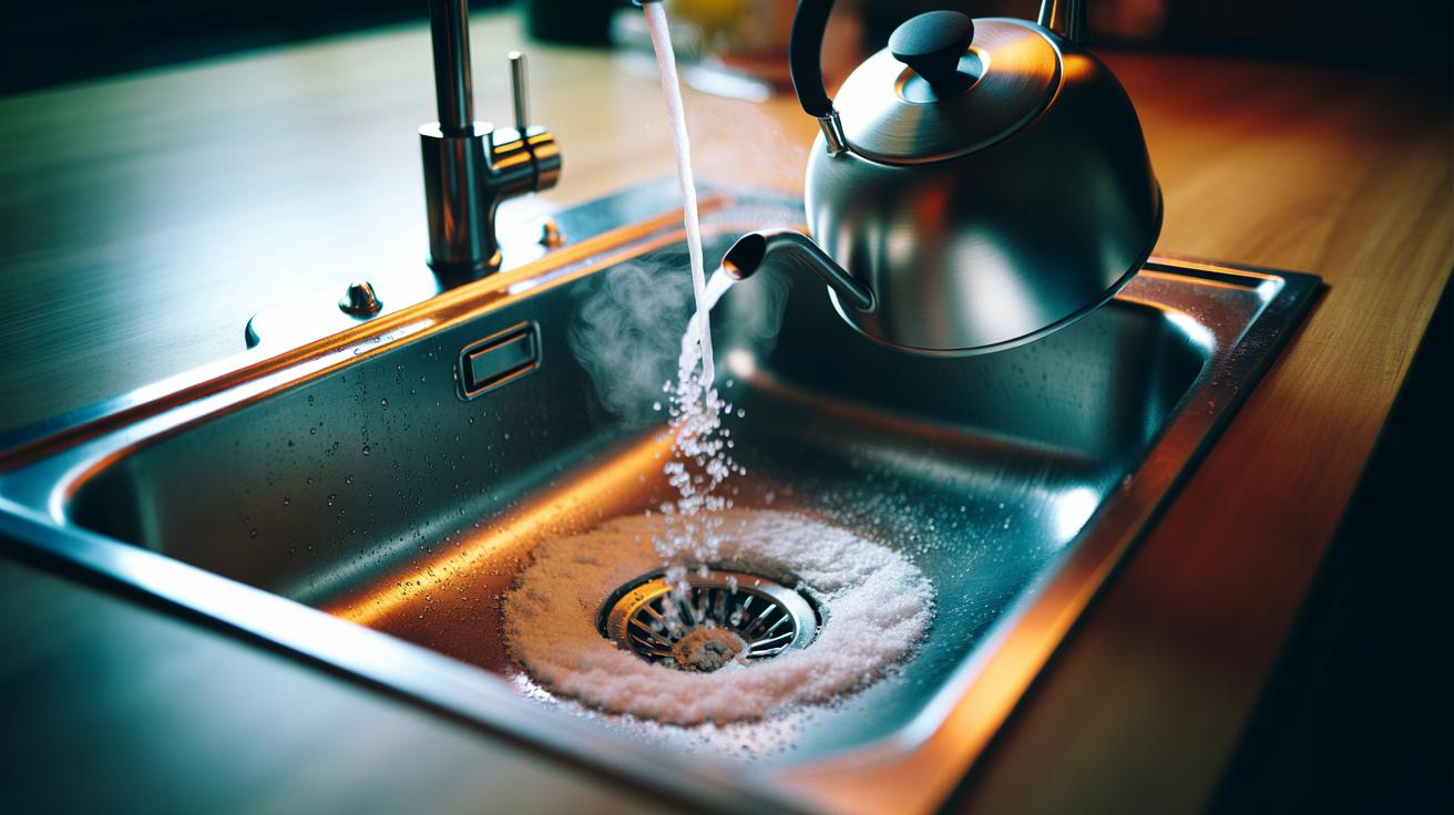 Illustration of salt being poured into a sink drain, followed by hot water, to clear a clog in 10 minutes