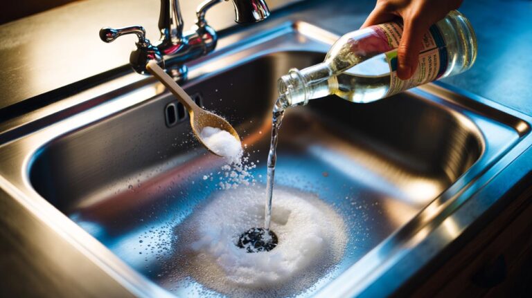 Illustration of unclogging a drain with baking soda and vinegar using the 30-second fizz method